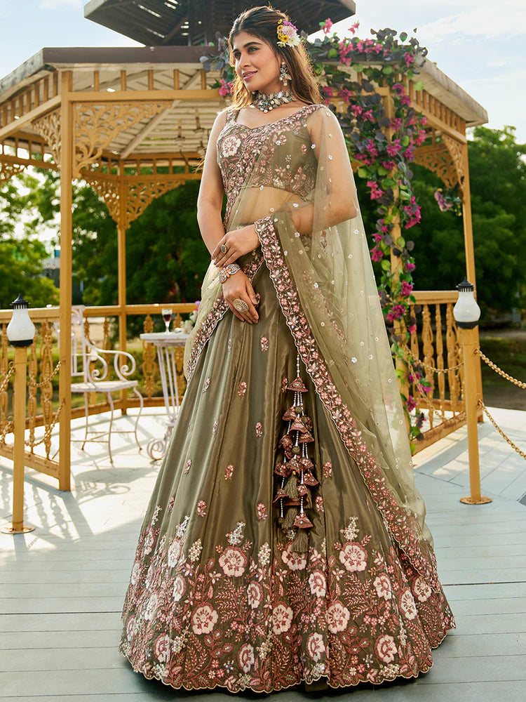 Olive Green Satin Lehenga Choli Set with Net Dupatta Heavy Embroidered AIndian Outfit ClothsVilla