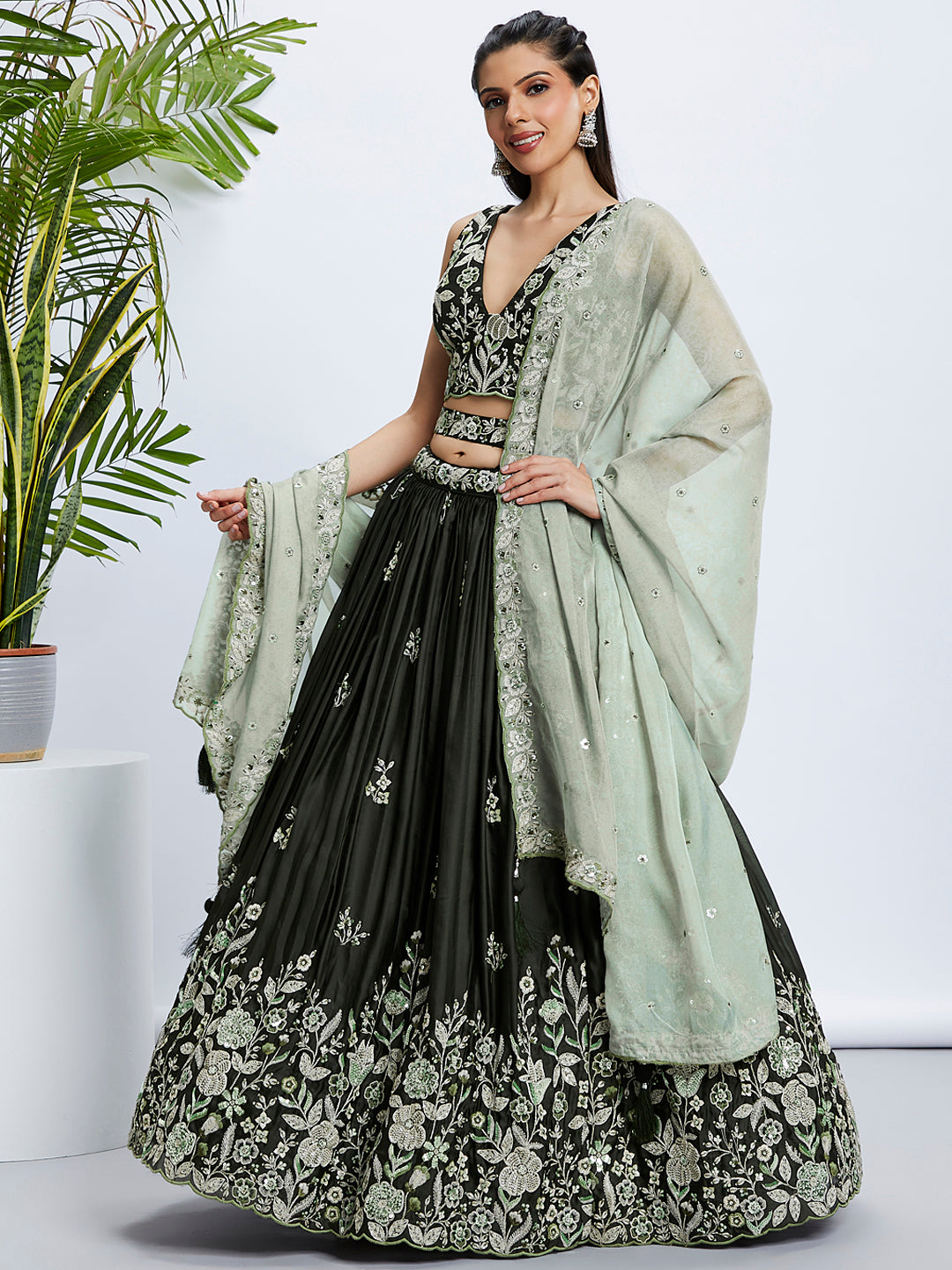 Olive Green Sequinned Lehenga Choli Set with Embroidered Dupatta ClothsVilla