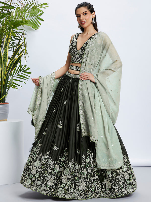 Olive Green Sequinned Lehenga Choli Set with Embroidered Dupatta ClothsVilla