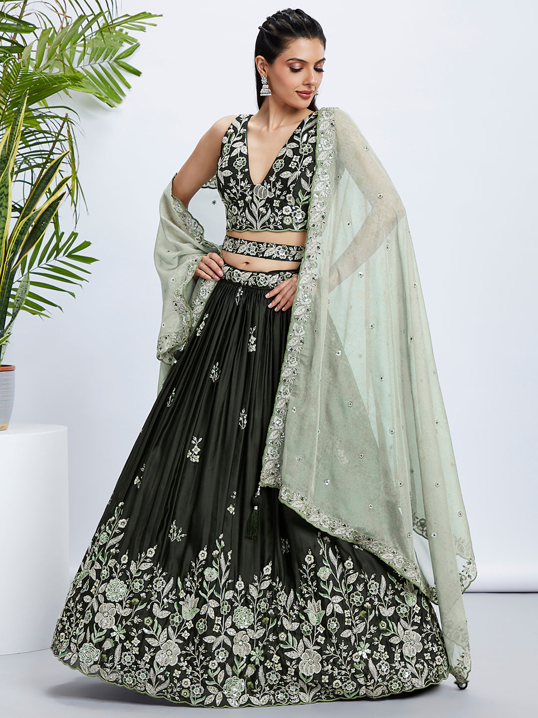Olive Green Sequinned Lehenga Choli Set with Embroidered Dupatta ClothsVilla