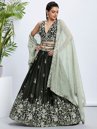 Olive Green Sequinned Lehenga Choli Set with Embroidered Dupatta ClothsVilla