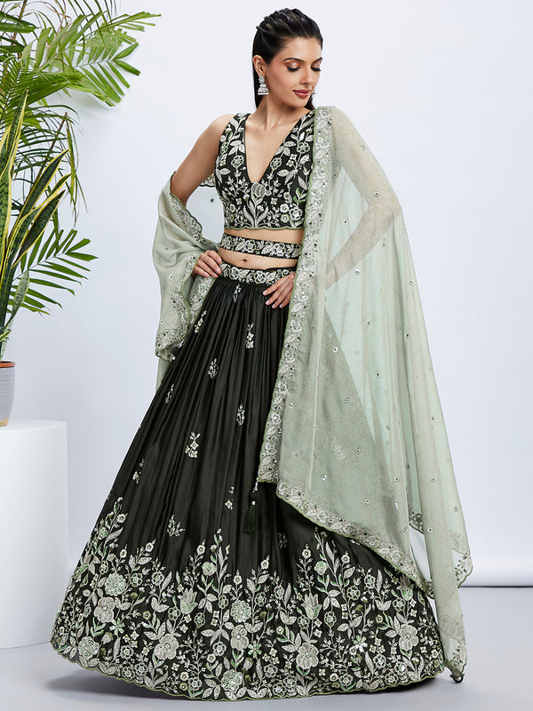 Olive Green Sequinned Lehenga Choli Set with Embroidered Dupatta ClothsVilla