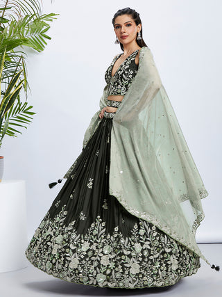 Olive Green Sequinned Lehenga Choli Set with Embroidered Dupatta ClothsVilla