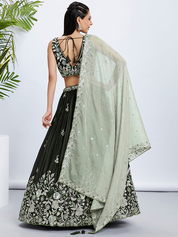 Olive Green Sequinned Lehenga Choli Set with Embroidered Dupatta ClothsVilla