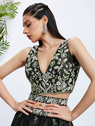 Olive Green Sequinned Lehenga Choli Set with Embroidered Dupatta ClothsVilla