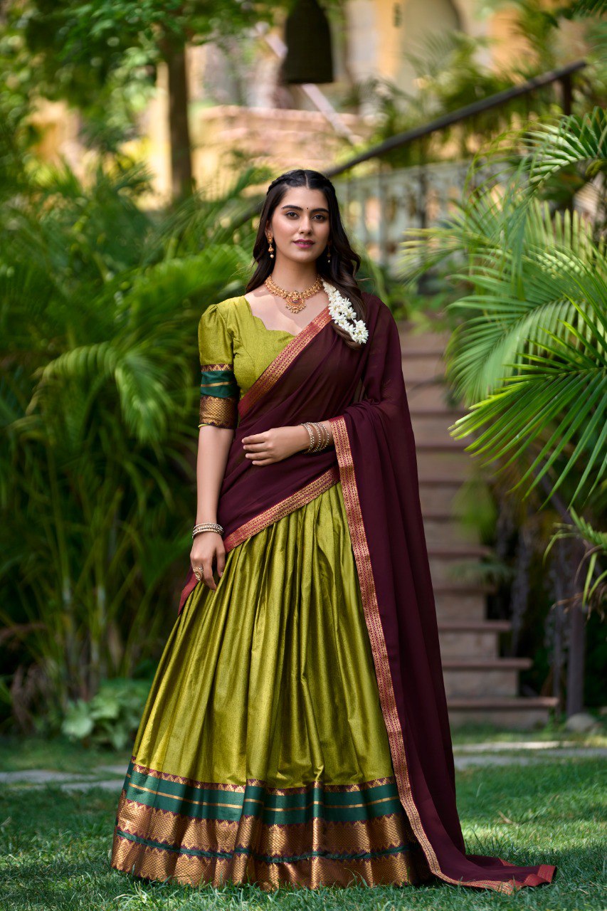 Olive Green South Style Poly Cotton Half Saree – A Timeless Blend of Tradition & Elegance Main image