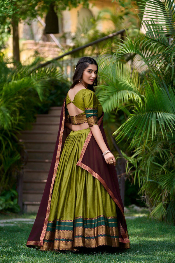 Olive Green South Style Poly Cotton Half Saree – A Timeless Blend of Tradition & Elegance