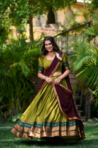 Olive Green South Style Poly Cotton Half Saree – A Timeless Blend of Tradition & Elegance