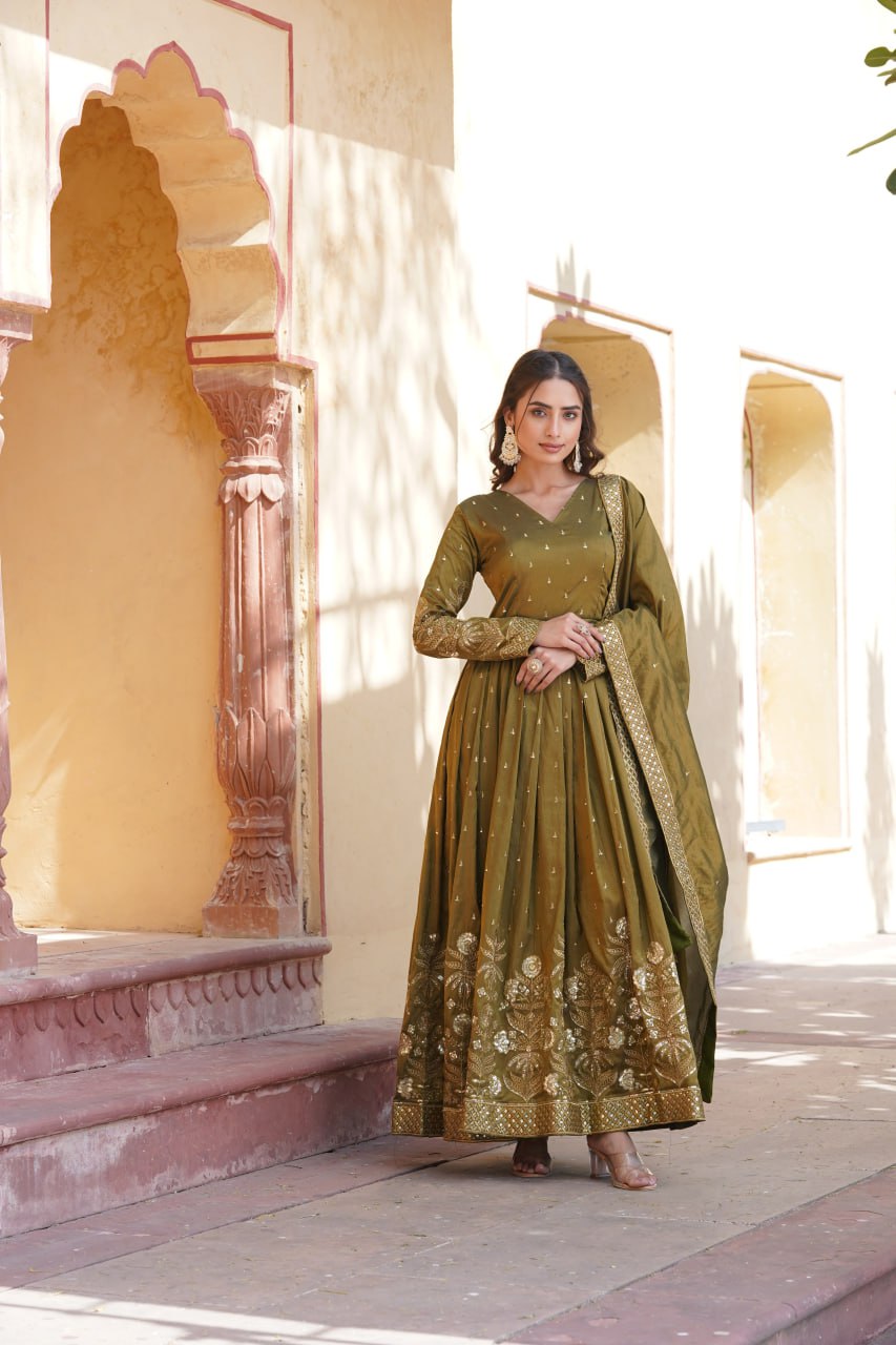 Luxurious Olive Green Viscose Cosmos Gown with Embroidered Dupatta Set Secondary image