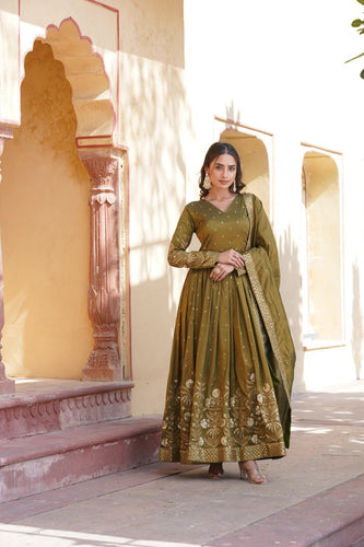 Luxurious Olive Green Viscose Cosmos Gown with Embroidered Dupatta Set ClothsVilla