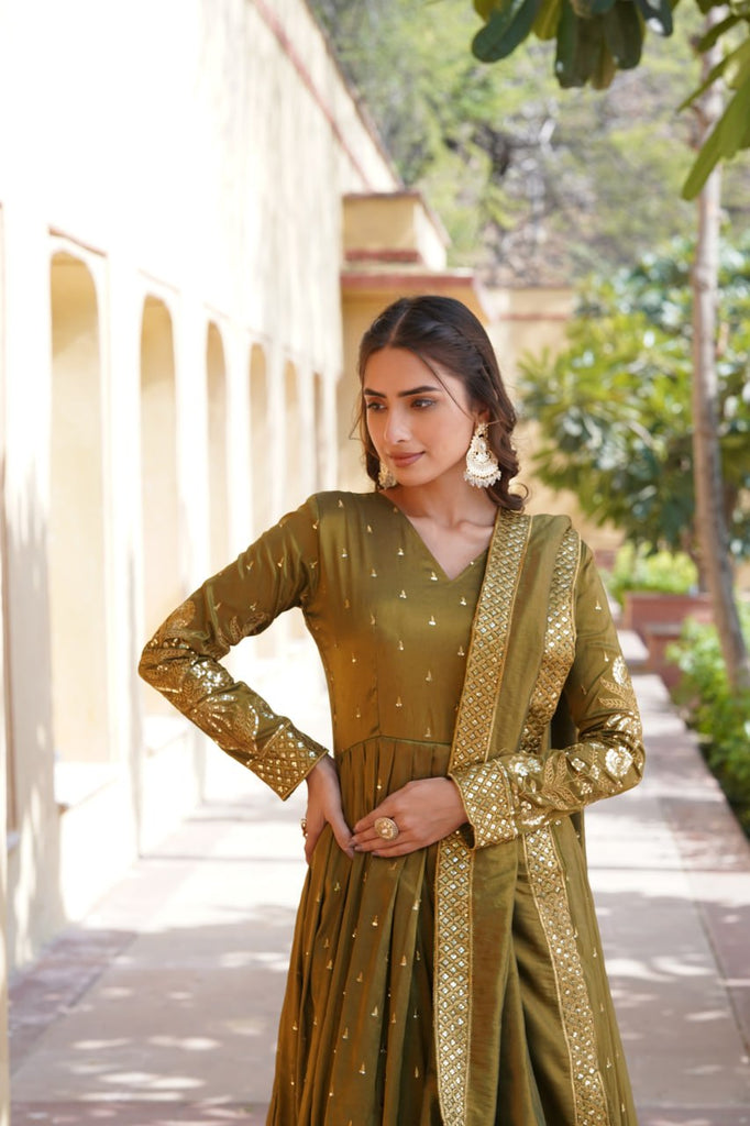 Luxurious Olive Green Viscose Cosmos Gown with Embroidered Dupatta Set ClothsVilla