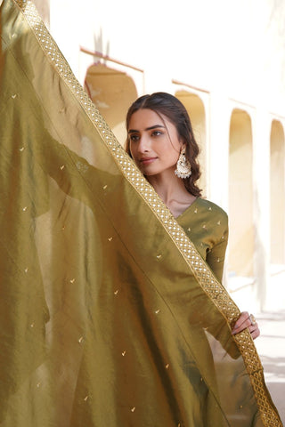 Luxurious Olive Green Viscose Cosmos Gown with Embroidered Dupatta Set ClothsVilla
