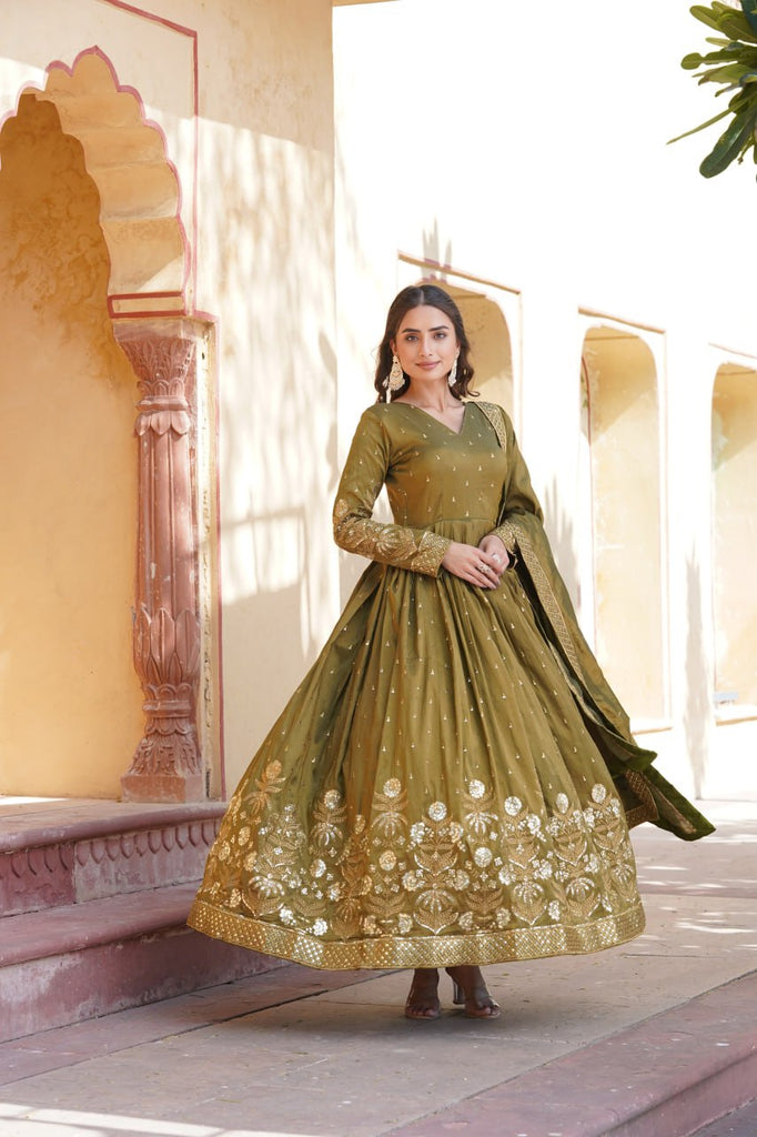 Luxurious Olive Green Viscose Cosmos Gown with Embroidered Dupatta Set ClothsVilla
