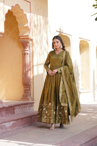 Luxurious Olive Green Viscose Cosmos Gown with Embroidered Dupatta Set ClothsVilla
