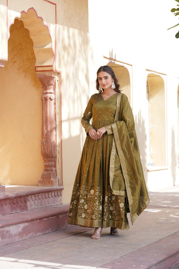 Luxurious Olive Green Viscose Cosmos Gown with Embroidered Dupatta Set ClothsVilla