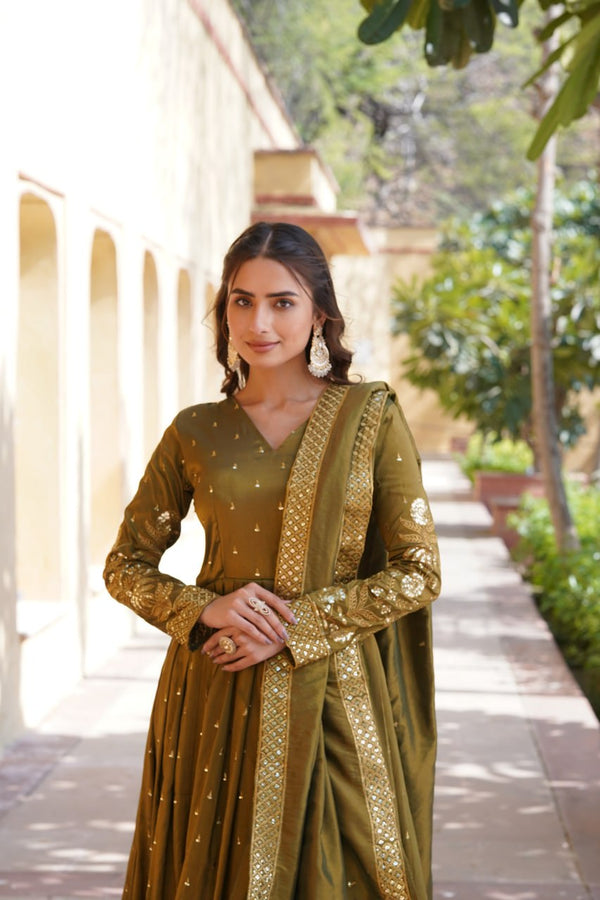 Luxurious Olive Green Viscose Cosmos Gown with Embroidered Dupatta Set ClothsVilla