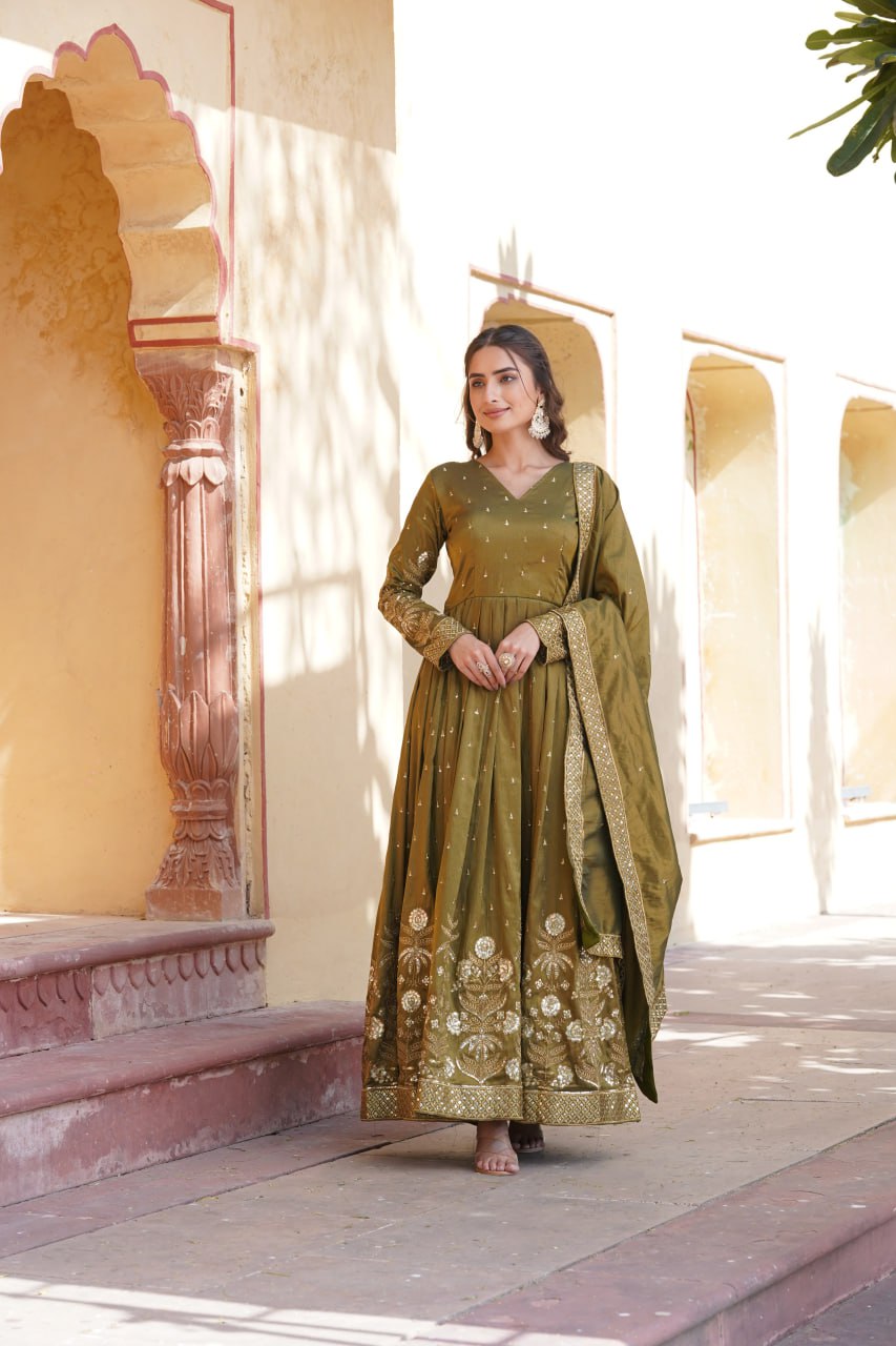 Luxurious Olive Green Viscose Cosmos Gown with Embroidered Dupatta Set ClothsVilla Main image