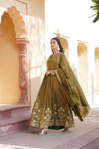 Luxurious Olive Green Viscose Cosmos Gown with Embroidered Dupatta Set ClothsVilla