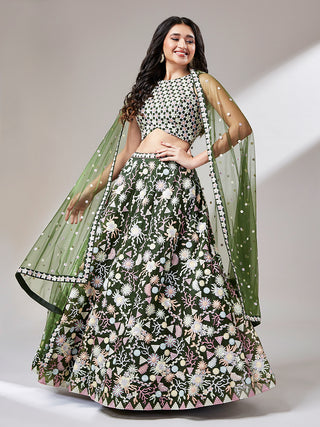 Olive Net heavy Sequinse embroidery Semi-Stitched Lehenga choli & Dupatta Clothsvilla