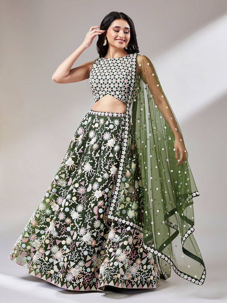 Olive Net heavy Sequinse embroidery Semi-Stitched Lehenga choli & Dupatta Clothsvilla