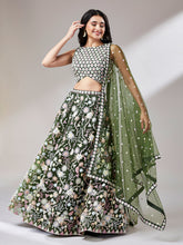 Load image into Gallery viewer, Olive Net heavy Sequinse embroidery Semi-Stitched Lehenga choli &amp; Dupatta Clothsvilla