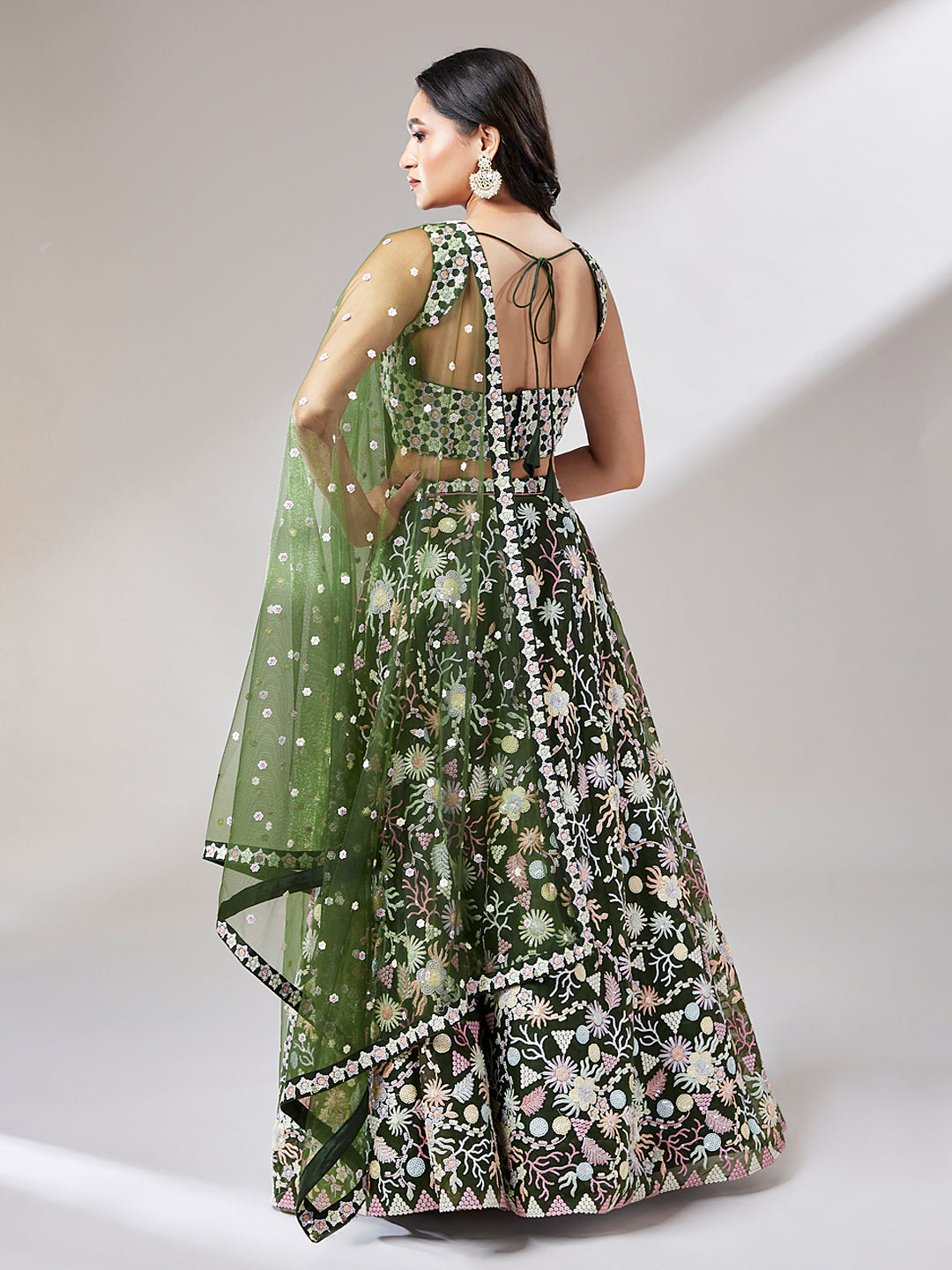 Olive Net heavy Sequinse embroidery Semi-Stitched Lehenga choli & Dupatta Clothsvilla