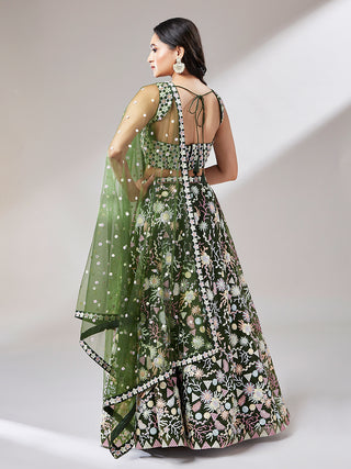 Olive Net heavy Sequinse embroidery Semi-Stitched Lehenga choli & Dupatta Clothsvilla