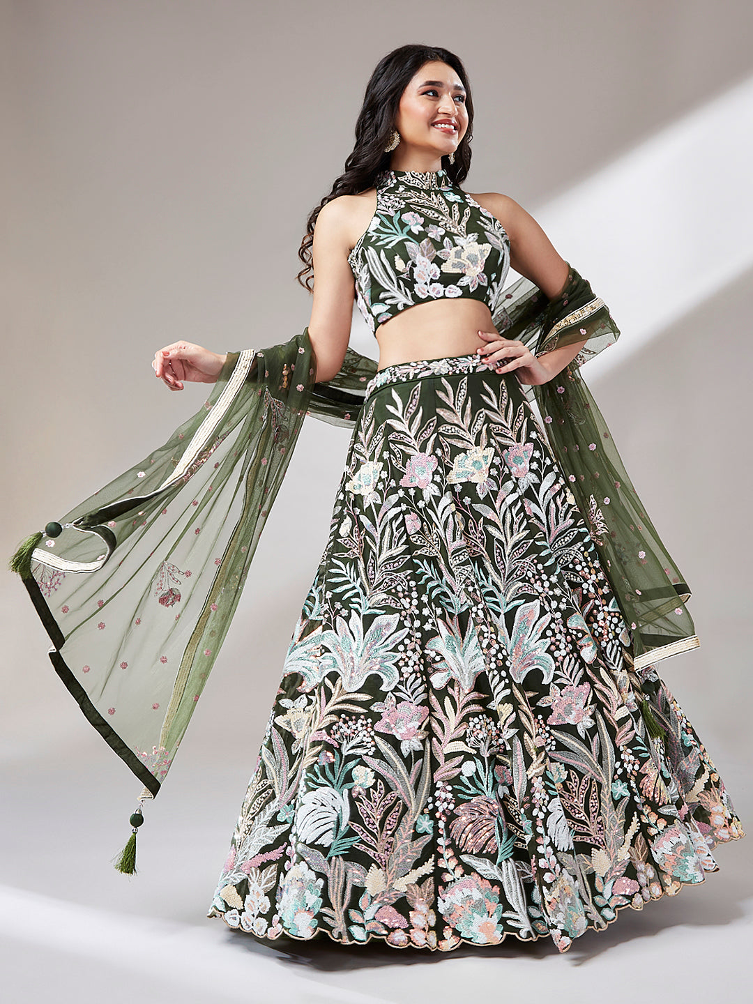 Olive Net Sequinse Work Semi-Stitched Lehenga & Unstitched Blouse with Dupatta ClothsVilla