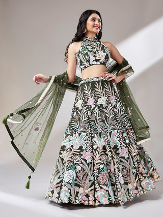 Olive Net Sequinse Work Semi-Stitched Lehenga & Unstitched Blouse with Dupatta ClothsVilla
