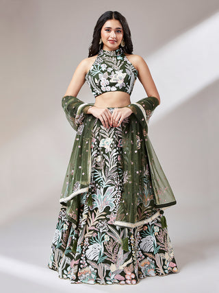 Olive Net Sequinse Work Semi-Stitched Lehenga & Unstitched Blouse with Dupatta ClothsVilla