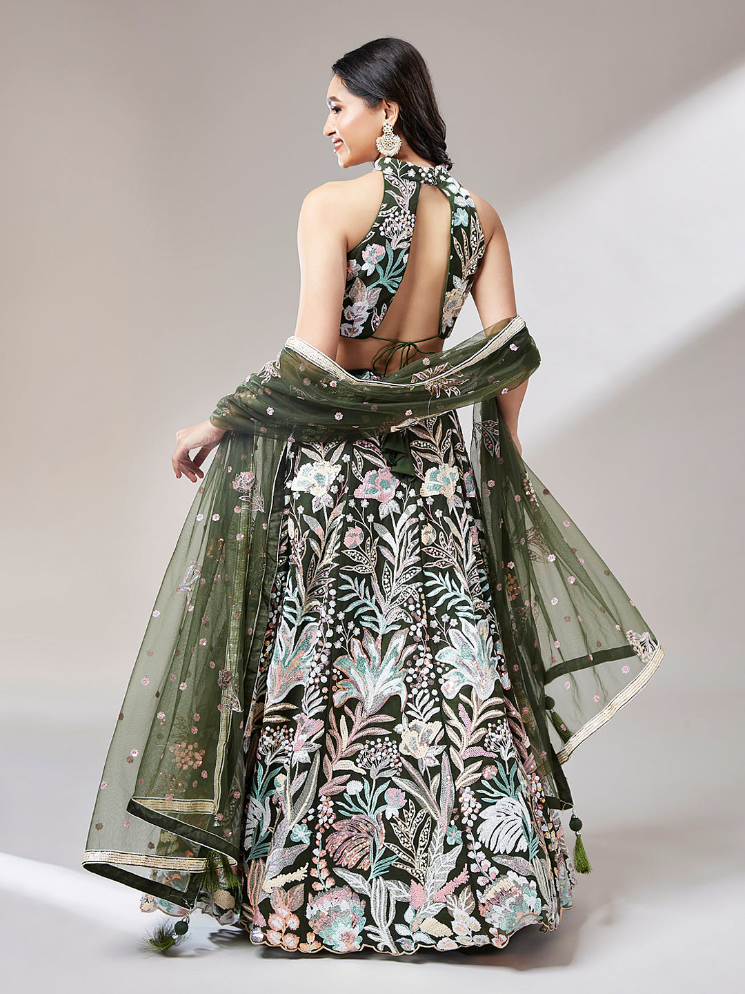 Olive Net Sequinse Work Semi-Stitched Lehenga & Unstitched Blouse with Dupatta ClothsVilla