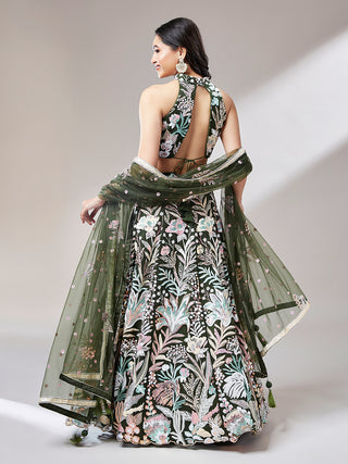 Olive Net Sequinse Work Semi-Stitched Lehenga & Unstitched Blouse with Dupatta ClothsVilla