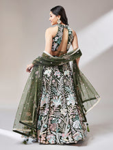 Load image into Gallery viewer, Olive Net Sequinse Work Semi-Stitched Lehenga &amp; Unstitched Blouse with Dupatta ClothsVilla