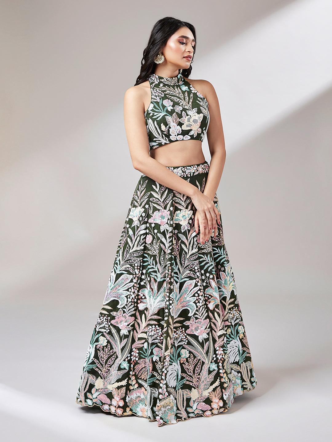 Olive Net Sequinse Work Semi-Stitched Lehenga & Unstitched Blouse with Dupatta ClothsVilla