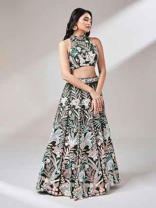 Olive Net Sequinse Work Semi-Stitched Lehenga & Unstitched Blouse with Dupatta ClothsVilla