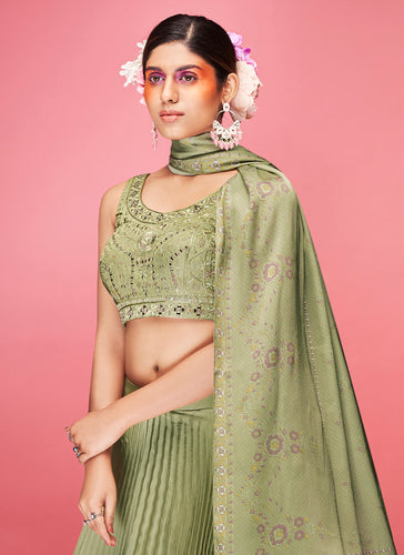 Olive Pakistani Art Silk Lehenga Choli For Indian Festival & Weddings - Thread Embroidery Work, Clothsvilla