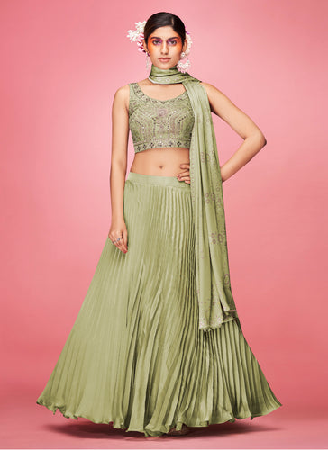 Olive Pakistani Art Silk Lehenga Choli For Indian Festival & Weddings - Thread Embroidery Work, Clothsvilla