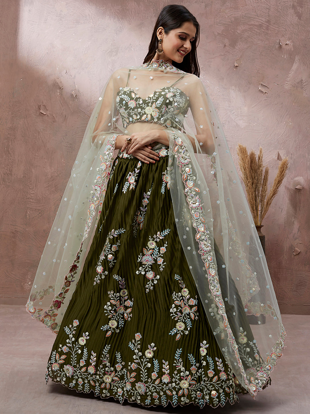 Olive - Pure Georgette Thread & Sequins Work Semi-Stitched Lehenga Clothsvilla Main image