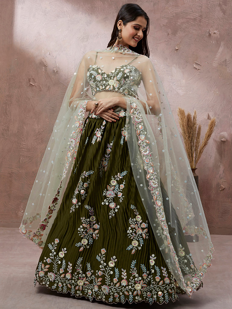 Olive - Pure Georgette Thread & Sequins Work Semi-Stitched Lehenga Clothsvilla