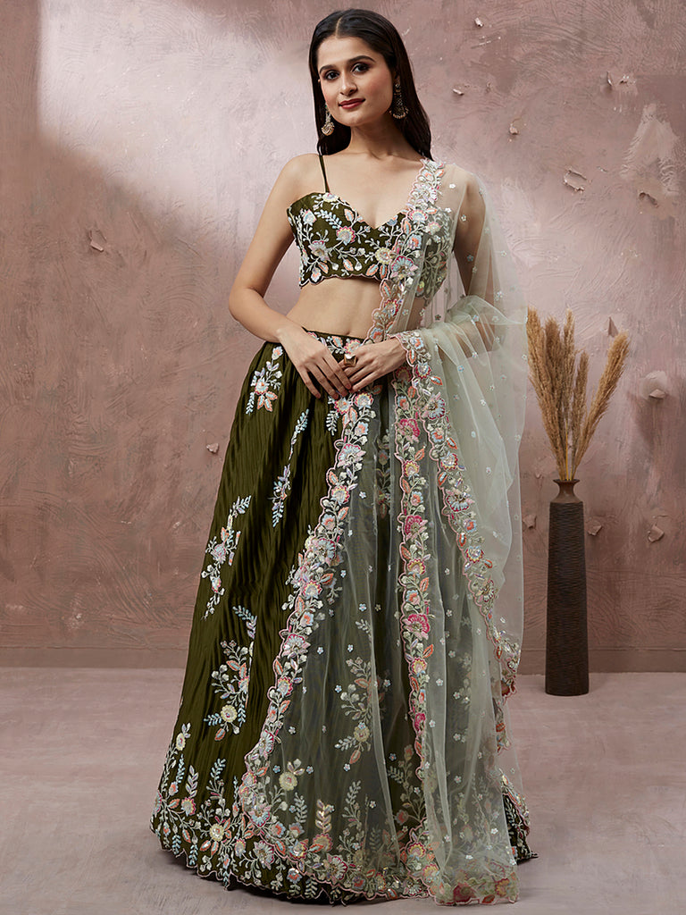 Olive - Pure Georgette Thread & Sequins Work Semi-Stitched Lehenga Clothsvilla