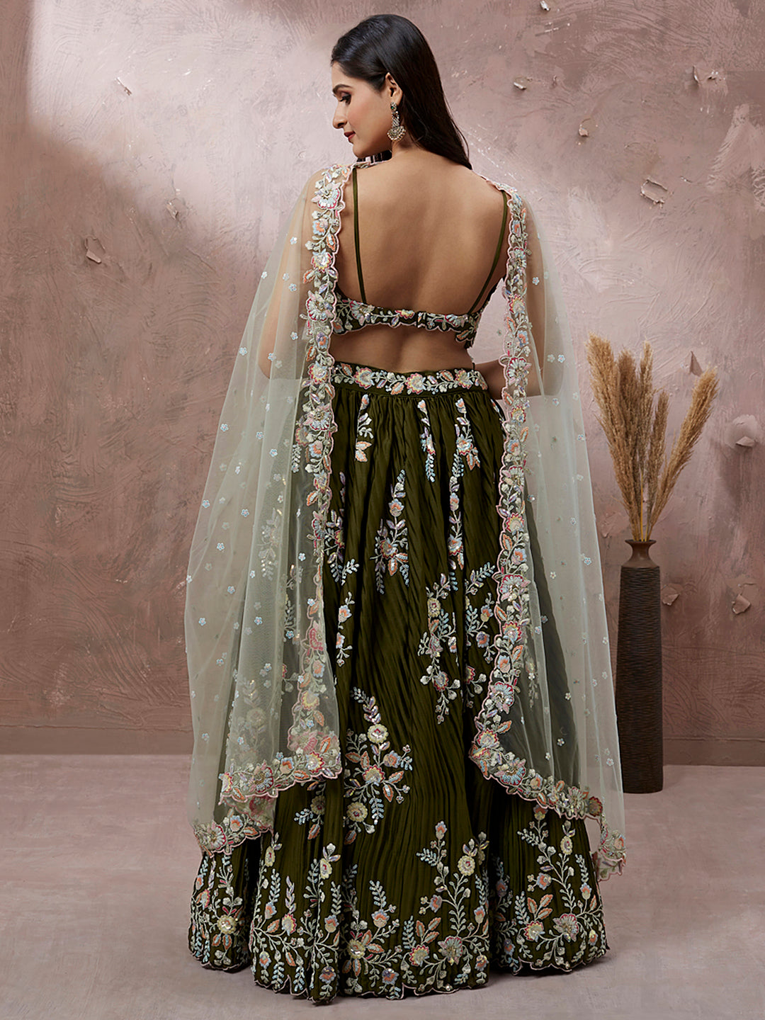 Olive - Pure Georgette Thread & Sequins Work Semi-Stitched Lehenga Clothsvilla