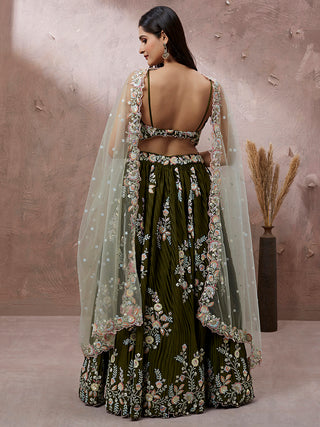 Olive - Pure Georgette Thread & Sequins Work Semi-Stitched Lehenga Clothsvilla