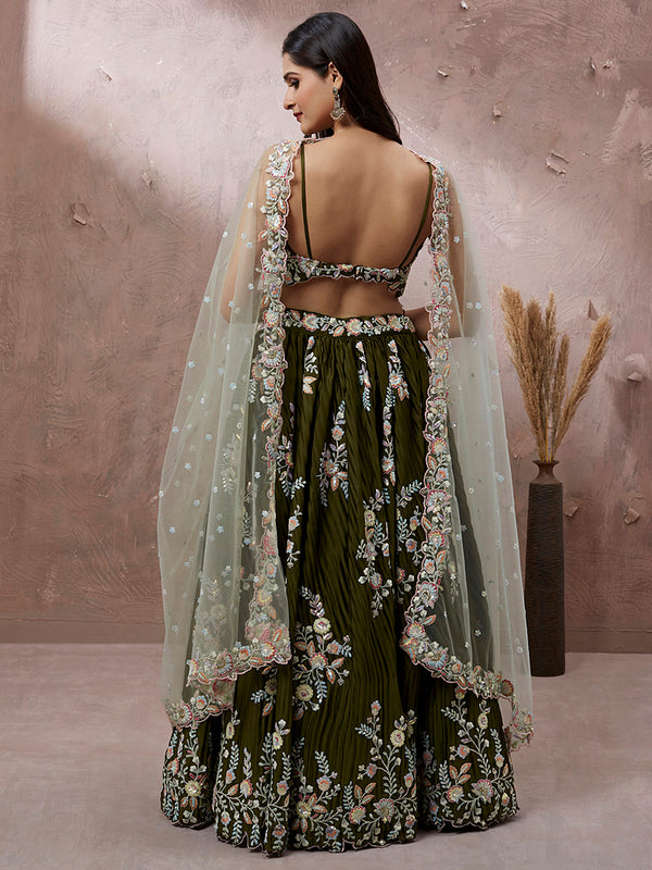 Olive - Pure Georgette Thread & Sequins Work Semi-Stitched Lehenga Clothsvilla