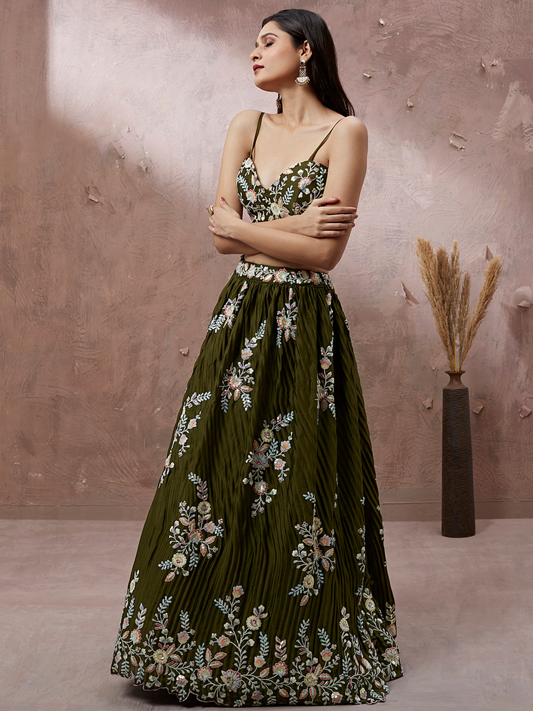 Olive - Pure Georgette Thread & Sequins Work Semi-Stitched Lehenga Clothsvilla
