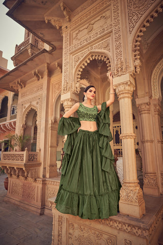 Olive Ruffle Lehenga Choli with Dupatta Ruffle Art Silk Chinon Designer Traditional Partywear Wedding Festival Bridal Indian - Sequence Clothsvilla