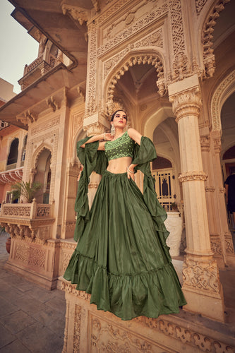Olive Ruffle Lehenga Choli with Dupatta Ruffle Art Silk Chinon Designer Traditional Partywear Wedding Festival Bridal Indian - Sequence Clothsvilla