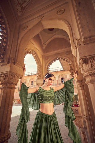 Olive Ruffle Lehenga Choli with Dupatta Ruffle Art Silk Chinon Designer Traditional Partywear Wedding Festival Bridal Indian - Sequence Clothsvilla