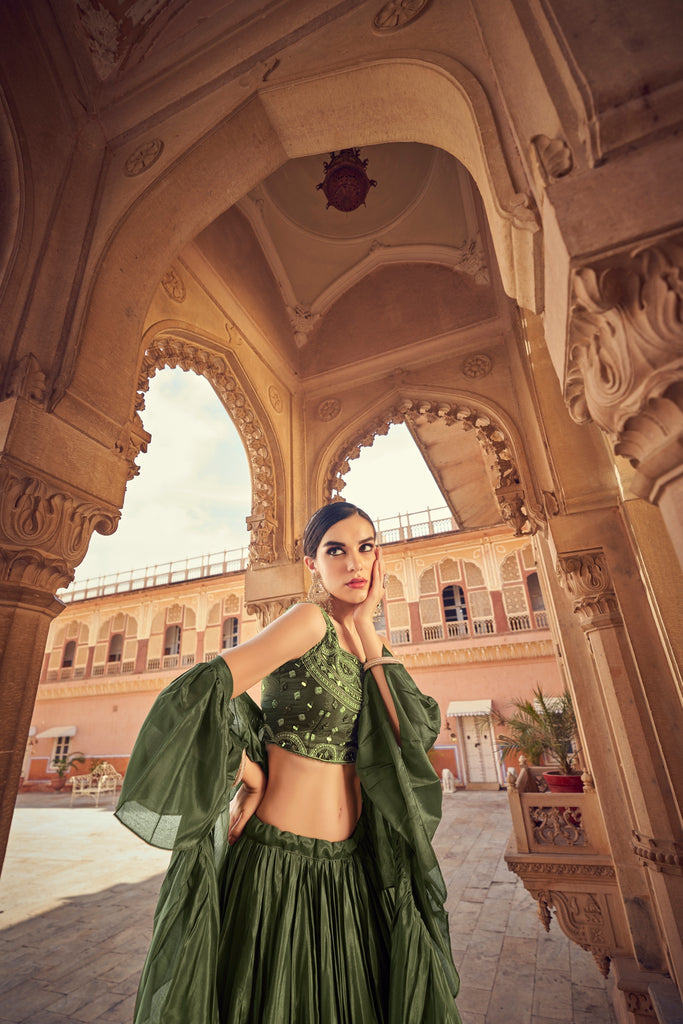 Olive Ruffle Lehenga Choli with Dupatta Ruffle Art Silk Chin