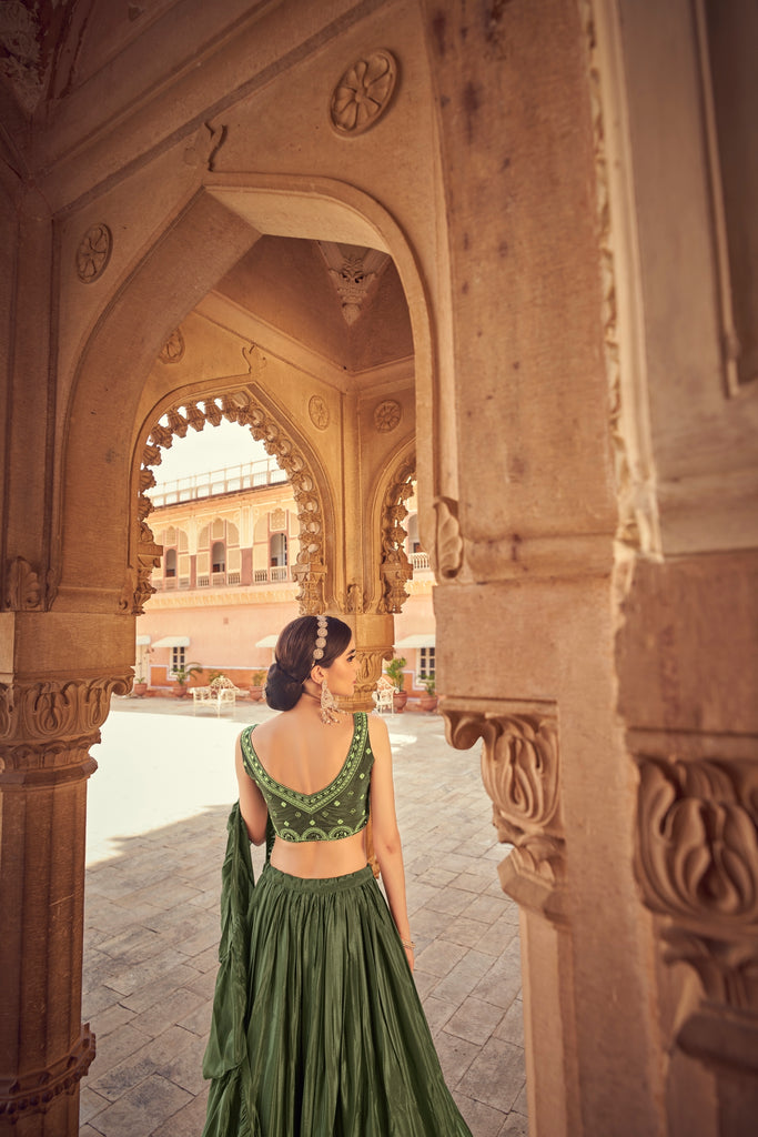 Olive Ruffle Lehenga Choli with Dupatta Ruffle Art Silk Chin