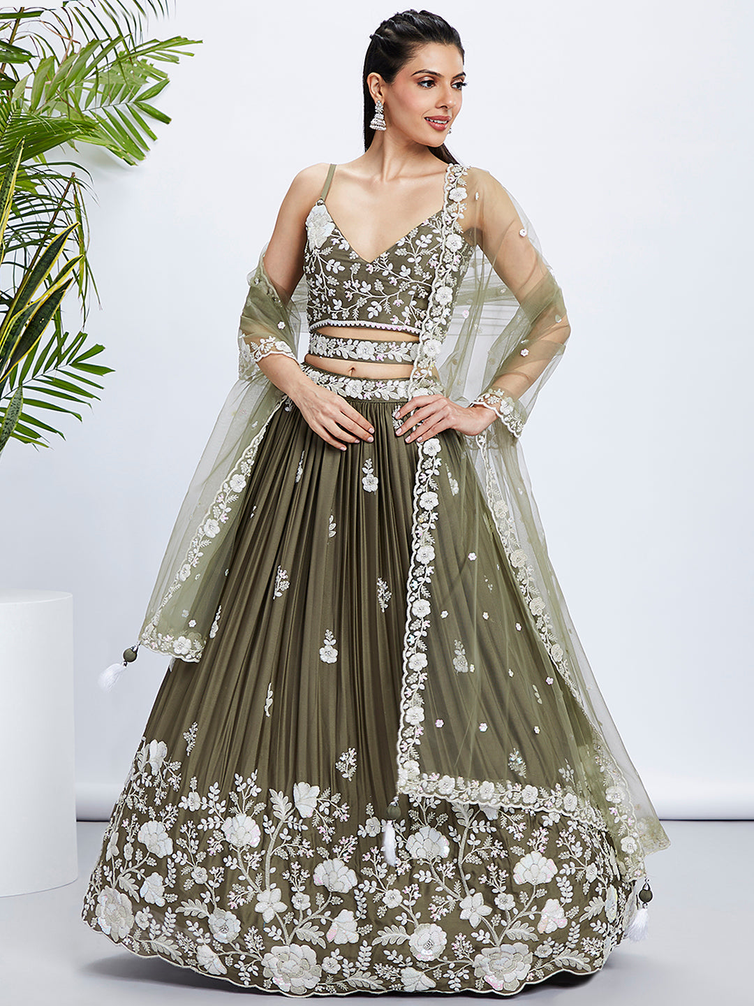 Olive Sequin & Threadwork Lehenga Choli Set ClothsVilla Main image